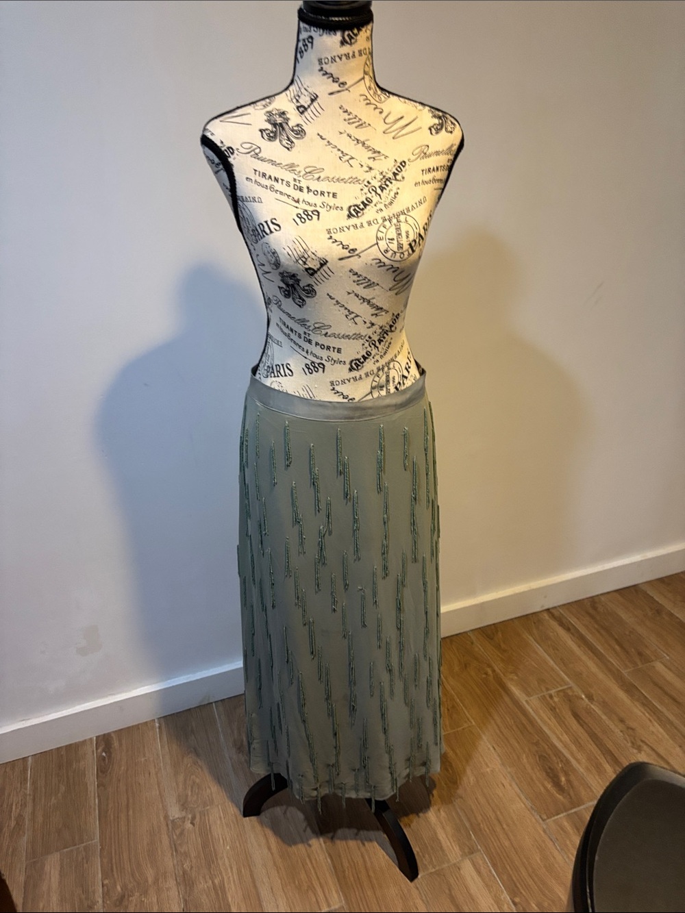 H&M Sage Green Beaded Midi Skirt
